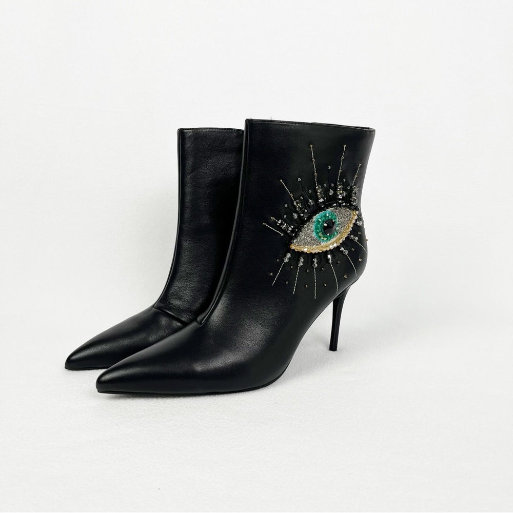 Kurt Geiger Black Heeled Boots with Embellished Eye Design